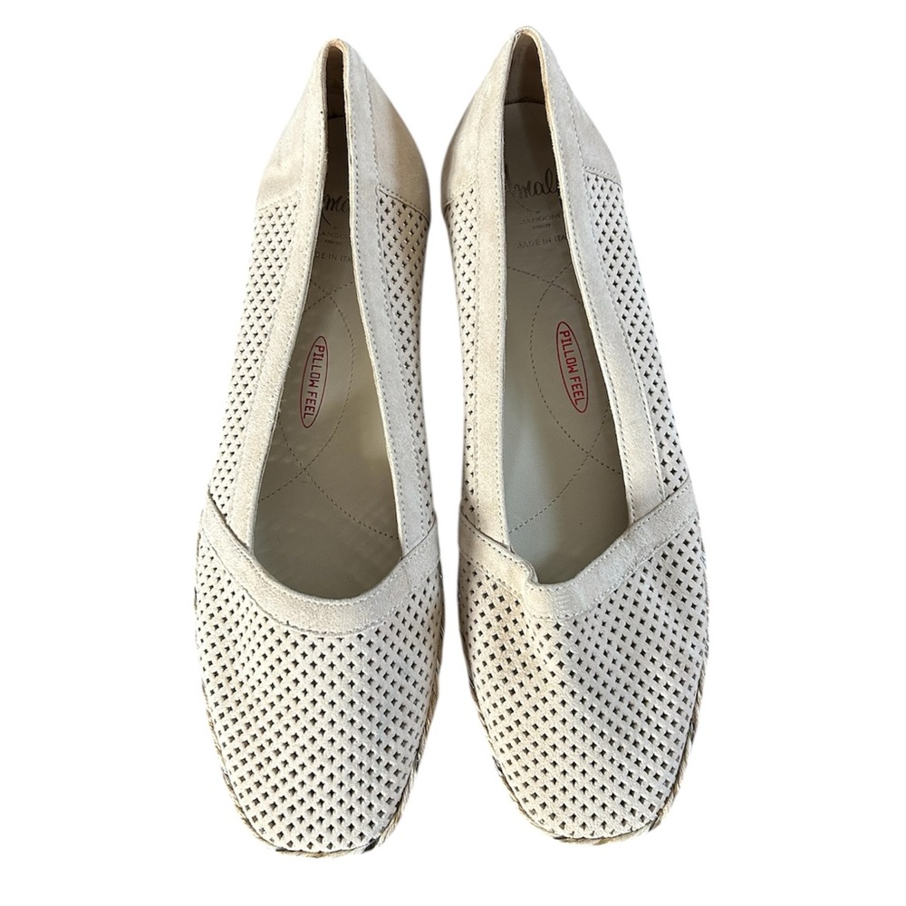 Rangoni Amalfi | Women’s Light Tan Perforated Suede Flats Metallic Braided Rim 9